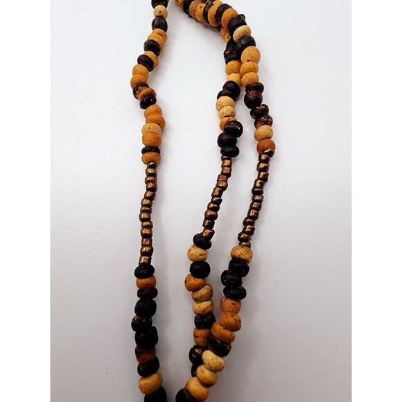 Vintage 80s Brown Wood Beaded Multi Layer Necklace 16" - 19" Bronze Seed Bead - Picture 3 of 8